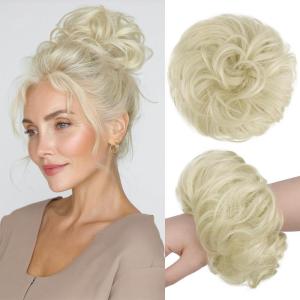 FESHFEN Large Messy Bun Hair Piece – Wavy Synthetic Chignon Scrunchies Elastic Ponytail Hair Extensions Thick Hairpieces for Women, Brunette Brown 1.94oz(27.613.60# Light Blonde)