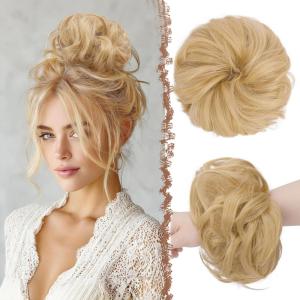 FESHFEN Large Messy Bun Hair Piece – Wavy Synthetic Chignon Scrunchies Elastic Ponytail Hair Extensions Thick Hairpieces for Women, Brunette Brown 1.94oz(18.613# Champagne Blonde)