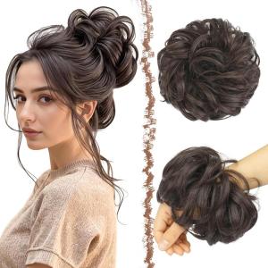 FESHFEN Large Messy Bun Hair Piece – Wavy Synthetic Chignon Scrunchies Elastic Ponytail Hair Extensions Thick Hairpieces for Women, Brunette Brown 1.94oz(6# Dark Brown)