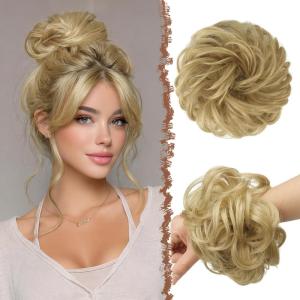 FESHFEN Large Messy Bun Hair Piece – Wavy Synthetic Chignon Scrunchies Elastic Ponytail Hair Extensions Thick Hairpieces for Women, Brunette Brown 1.94oz(22/613# Golden Blonde)