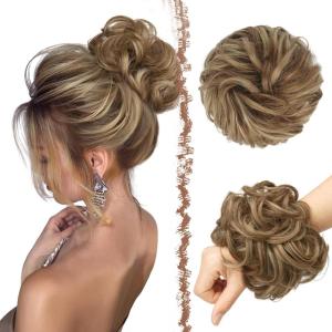 FESHFEN Large Messy Bun Hair Piece – Wavy Synthetic Chignon Scrunchies Elastic Ponytail Hair Extensions Thick Hairpieces for Women, Brunette Brown 1.94oz(12H24# Brown & Blonde)