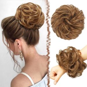 FESHFEN Large Messy Bun Hair Piece – Wavy Synthetic Chignon Scrunchies Elastic Ponytail Hair Extensions Thick Hairpieces for Women, Brunette Brown 1.94oz(JL27/30# Strawberry Blonde)