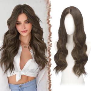 FESHFEN Long Dirty Blonde Wigs for Women, 22 inch Middle Parting Synthetic Wavy Wig for Daily Party(Brown with Highlights)