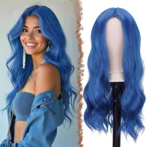 FESHFEN Long Dirty Blonde Wigs for Women, 22 inch Middle Parting Synthetic Wavy Wig for Daily Party(Dark Blue)