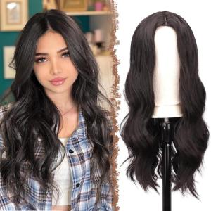 FESHFEN Long Dirty Blonde Wigs for Women, 22 inch Middle Parting Synthetic Wavy Wig for Daily Party(Dark Brown)