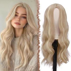 FESHFEN Long Dirty Blonde Wigs for Women, 22 inch Middle Parting Synthetic Wavy Wig for Daily Party(Dirty Blonde)