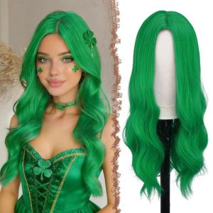 FESHFEN Long Dirty Blonde Wigs for Women, 22 inch Middle Parting Synthetic Wavy Wig for Daily Party(Green)