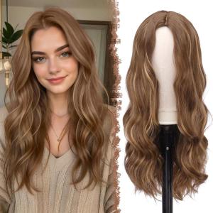 FESHFEN Long Dirty Blonde Wigs for Women, 22 inch Middle Parting Synthetic Wavy Wig for Daily Party(Honey Blonde Mixed Light Brown)