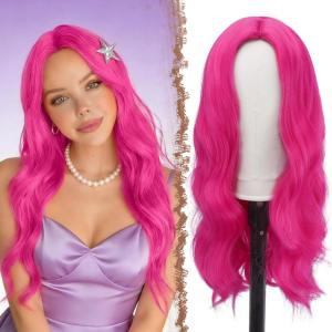 FESHFEN Long Dirty Blonde Wigs for Women, 22 inch Middle Parting Synthetic Wavy Wig for Daily Party(Hot Pink)