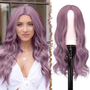 FESHFEN Long Dirty Blonde Wigs for Women, 22 inch Middle Parting Synthetic Wavy Wig for Daily Party(Lilac Purple-Middle Parting)