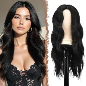 FESHFEN Long Dirty Blonde Wigs for Women, 22 inch Middle Parting Synthetic Wavy Wig for Daily Party(Natural Black)