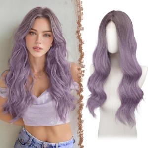 FESHFEN Long Dirty Blonde Wigs for Women, 22 inch Middle Parting Synthetic Wavy Wig for Daily Party(Ombre Purple)