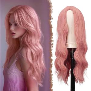 FESHFEN Long Dirty Blonde Wigs for Women, 22 inch Middle Parting Synthetic Wavy Wig for Daily Party(Pink)