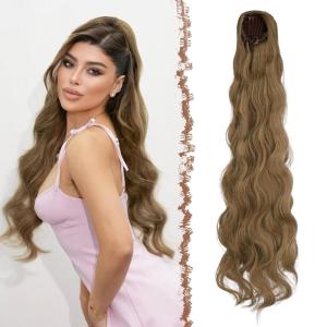FESHFEN Long Drawstring Ponytail Extension, 30 Inch Wavy Curly Comb Clip in Ponytail Hair Extensions Synthetic Pony Tails Clip on Hairpieces for Women, Strawberry Blonde(12/24# Light Brown Mix Natural Blonde)