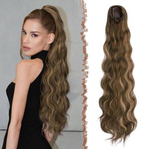 FESHFEN Long Drawstring Ponytail Extension, 30 Inch Wavy Curly Comb Clip in Ponytail Hair Extensions Synthetic Pony Tails Clip on Hairpieces for Women, Strawberry Blonde(22H10# Brown Mix Honey Blonde)