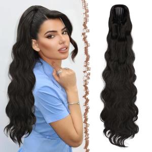 FESHFEN Long Drawstring Ponytail Extension, 30 Inch Wavy Curly Comb Clip in Ponytail Hair Extensions Synthetic Pony Tails Clip on Hairpieces for Women, Strawberry Blonde(4# Black Brown)