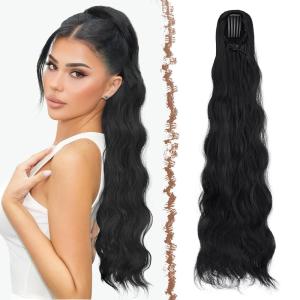 FESHFEN Long Drawstring Ponytail Extension, 30 Inch Wavy Curly Comb Clip in Ponytail Hair Extensions Synthetic Pony Tails Clip on Hairpieces for Women, Strawberry Blonde(1B# Black)
