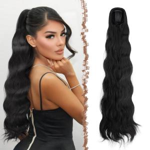 FESHFEN Long Drawstring Ponytail Extension, 30 Inch Wavy Curly Comb Clip in Ponytail Hair Extensions Synthetic Pony Tails Clip on Hairpieces for Women, Strawberry Blonde(2# Natural Black)