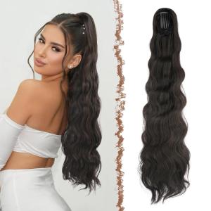 FESHFEN Long Drawstring Ponytail Extension, 30 Inch Wavy Curly Comb Clip in Ponytail Hair Extensions Synthetic Pony Tails Clip on Hairpieces for Women, Strawberry Blonde(6# Dark Brown)