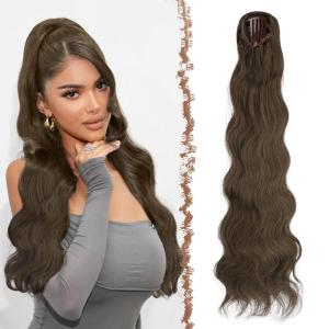 FESHFEN Long Drawstring Ponytail Extension, 30 Inch Wavy Curly Comb Clip in Ponytail Hair Extensions Synthetic Pony Tails Clip on Hairpieces for Women, Strawberry Blonde(8/10# Chestnut Brown)