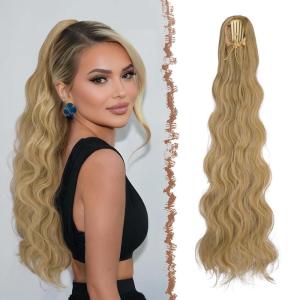 FESHFEN Long Drawstring Ponytail Extension, 30 Inch Wavy Curly Comb Clip in Ponytail Hair Extensions Synthetic Pony Tails Clip on Hairpieces for Women, Strawberry Blonde(27/613A# Mixed Blonde)