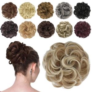 FESHFEN Messy Bun Hair Piece – Wavy Synthetic Chignon Scrunchies for Instant Volume, Elastic Bun Ponytail Hair Extensions Thick Hairpieces for Women, Black Gray and White Tips 1.50 oz(27T60# Strawberry Blonde & Platinum Blonde Tips)