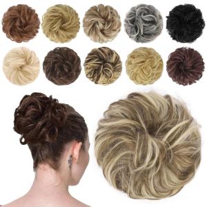 FESHFEN Messy Bun Hair Piece – Wavy Synthetic Chignon Scrunchies for Instant Volume, Elastic Bun Ponytail Hair Extensions Thick Hairpieces for Women, Black Gray and White Tips 1.50 oz(86/60H10# Brunette & Blonde)