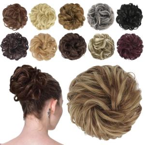 FESHFEN Messy Bun Hair Piece – Wavy Synthetic Chignon Scrunchies for Instant Volume, Elastic Bun Ponytail Hair Extensions Thick Hairpieces for Women, Black Gray and White Tips 1.50 oz(12H24# Brown & Blonde)