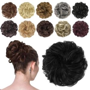 FESHFEN Messy Bun Hair Piece – Wavy Synthetic Chignon Scrunchies for Instant Volume, Elastic Bun Ponytail Hair Extensions Thick Hairpieces for Women, Black Gray and White Tips 1.50 oz(1B# Off Black)