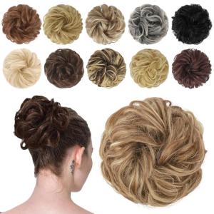 FESHFEN Messy Bun Hair Piece – Wavy Synthetic Chignon Scrunchies for Instant Volume, Elastic Bun Ponytail Hair Extensions Thick Hairpieces for Women, Black Gray and White Tips 1.50 oz(12H613A/26# Light Brown & Mixed Blonde)