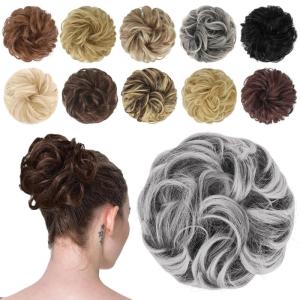 FESHFEN Messy Bun Hair Piece – Wavy Synthetic Chignon Scrunchies for Instant Volume, Elastic Bun Ponytail Hair Extensions Thick Hairpieces for Women, Black Gray and White Tips 1.50 oz(4TGrey# Black with White Tips)