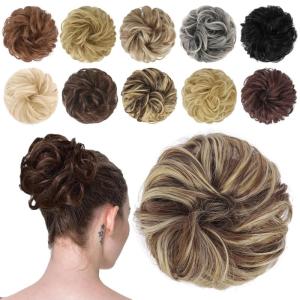 FESHFEN Messy Bun Hair Piece – Wavy Synthetic Chignon Scrunchies for Instant Volume, Elastic Bun Ponytail Hair Extensions Thick Hairpieces for Women, Black Gray and White Tips 1.50 oz(12H26# Copper Brown & Beige Blonde)
