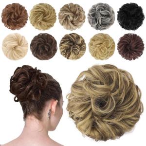 FESHFEN Messy Bun Hair Piece – Wavy Synthetic Chignon Scrunchies for Instant Volume, Elastic Bun Ponytail Hair Extensions Thick Hairpieces for Women, Black Gray and White Tips 1.50 oz(10H24B# Ash Brown & Blonde)