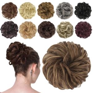 FESHFEN Messy Bun Hair Piece – Wavy Synthetic Chignon Scrunchies for Instant Volume, Elastic Bun Ponytail Hair Extensions Thick Hairpieces for Women, Black Gray and White Tips 1.50 oz(22H10# Brown Mixed Honey Blonde)