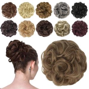 FESHFEN Messy Bun Hair Piece – Wavy Synthetic Chignon Scrunchies for Instant Volume, Elastic Bun Ponytail Hair Extensions Thick Hairpieces for Women, Black Gray and White Tips 1.50 oz(12/24# Light Brown mix Natural Blonde)