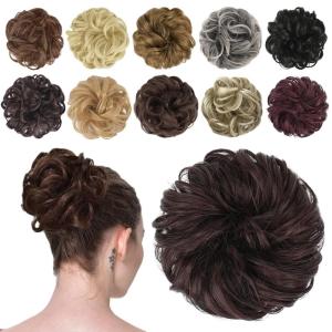 FESHFEN Messy Bun Hair Piece – Wavy Synthetic Chignon Scrunchies for Instant Volume, Elastic Bun Ponytail Hair Extensions Thick Hairpieces for Women, Black Gray and White Tips 1.50 oz(2/33# Black Cherry)