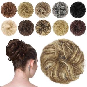 FESHFEN Messy Bun Hair Piece – Wavy Synthetic Chignon Scrunchies for Instant Volume, Elastic Bun Ponytail Hair Extensions Thick Hairpieces for Women, Black Gray and White Tips 1.50 oz(8H26# Sand)