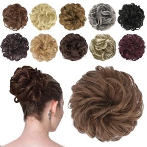 FESHFEN Messy Bun Hair Piece – Wavy Synthetic Chignon Scrunchies for Instant Volume, Elastic Bun Ponytail Hair Extensions Thick Hairpieces for Women, Black Gray and White Tips 1.50 oz(12# Medium Auburn)