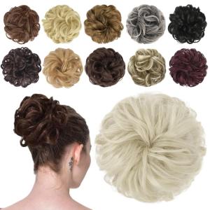 FESHFEN Messy Bun Hair Piece – Wavy Synthetic Chignon Scrunchies for Instant Volume, Elastic Bun Ponytail Hair Extensions Thick Hairpieces for Women, Black Gray and White Tips 1.50 oz(60# Ash Platinum Blonde)