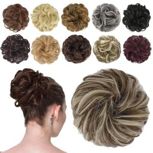 FESHFEN Messy Bun Hair Piece – Wavy Synthetic Chignon Scrunchies for Instant Volume, Elastic Bun Ponytail Hair Extensions Thick Hairpieces for Women, Black Gray and White Tips 1.50 oz(10H613# Golden Brown & Bleach Blonde)