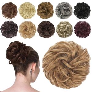 FESHFEN Messy Bun Hair Piece – Wavy Synthetic Chignon Scrunchies for Instant Volume, Elastic Bun Ponytail Hair Extensions Thick Hairpieces for Women, Black Gray and White Tips 1.50 oz(JL27/30# Strawberry Blonde)