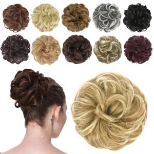 FESHFEN Messy Bun Hair Piece – Wavy Synthetic Chignon Scrunchies for Instant Volume, Elastic Bun Ponytail Hair Extensions Thick Hairpieces for Women, Black Gray and White Tips 1.50 oz(Sunny Blonde)