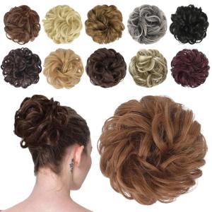 FESHFEN Messy Bun Hair Piece – Wavy Synthetic Chignon Scrunchies for Instant Volume, Elastic Bun Ponytail Hair Extensions Thick Hairpieces for Women, Black Gray and White Tips 1.50 oz(30# Light Auburn)