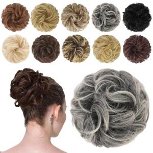 FESHFEN Messy Bun Hair Piece – Wavy Synthetic Chignon Scrunchies for Instant Volume, Elastic Bun Ponytail Hair Extensions Thick Hairpieces for Women, Black Gray and White Tips 1.50 oz(1B/171T60# Black Gray and White Tips)