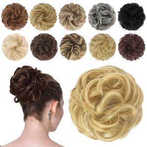 FESHFEN Messy Bun Hair Piece – Wavy Synthetic Chignon Scrunchies for Instant Volume, Elastic Bun Ponytail Hair Extensions Thick Hairpieces for Women, Black Gray and White Tips 1.50 oz(27H613# Strawberry Blonde & Bleach Blonde)