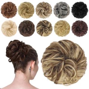 FESHFEN Messy Bun Hair Piece – Wavy Synthetic Chignon Scrunchies for Instant Volume, Elastic Bun Ponytail Hair Extensions Thick Hairpieces for Women, Black Gray and White Tips 1.50 oz(12H29# Light Brown & Blonde)