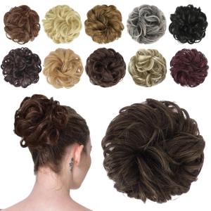 FESHFEN Messy Bun Hair Piece – Wavy Synthetic Chignon Scrunchies for Instant Volume, Elastic Bun Ponytail Hair Extensions Thick Hairpieces for Women, Black Gray and White Tips 1.50 oz(4/6A# Mixed Chocolate Brown)