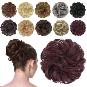 FESHFEN Messy Bun Hair Piece – Wavy Synthetic Chignon Scrunchies for Instant Volume, Elastic Bun Ponytail Hair Extensions Thick Hairpieces for Women, Black Gray and White Tips 1.50 oz(Wine Red)
