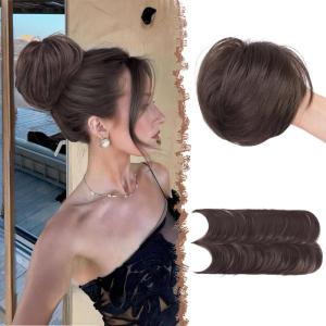 FESHFEN Messy Bun Hair Pieces – Wired Hair Bun Scrunchies Ponytail Flexible Wrap Around Synthetic Hairpieces for Women, Dark Brown 1.9 oz