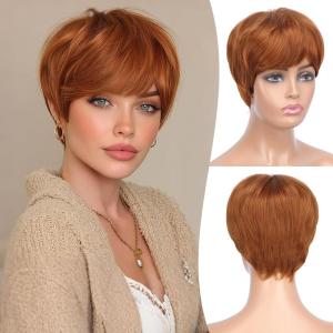 FESHFEN Pixie Cut Wigs Synthetic Platinum Grey Short Pixie Haircut Wig with Bangs Glueless Layered Wavy Granny Gray Wigs for Women Men(Auburn Red)